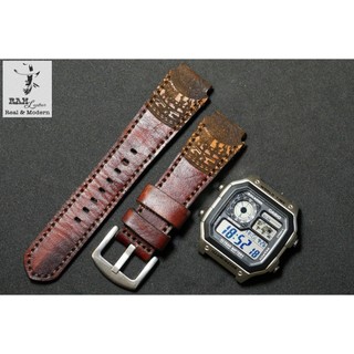 Dây Đồng Hồ Da Thật Handmade RAM Leather Trống Đồng Cho Casio AE 1200 WHD và Dây 18mm Da Bò Veg Mahogany Siêu bền