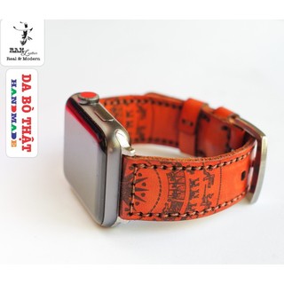 Dây đồng hồ da thật handmade ram leather trống đồng việt nam da bò italia veg màu cam siêu bền