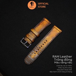 Dây đồng hồ handmade da veg cao cấp italia nhuộm handmade ram leather trống đồng màu vàng nâu size 26mm