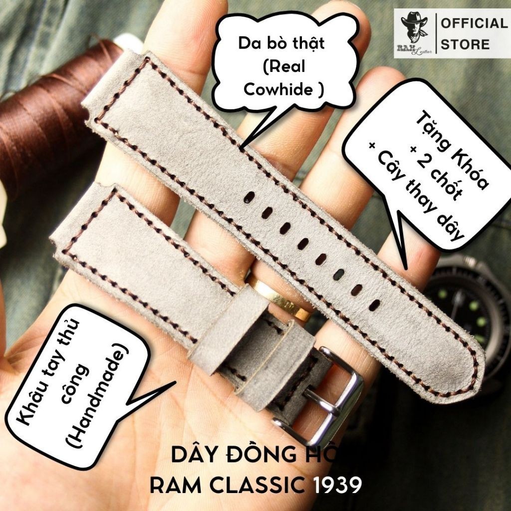 Dây Đồng Hồ Thủ Công RAM Leather 1939 Da Bò Màu Xám Quân Đội Đức Bền Đẹp 18mm, 20mm, 22mm, Casio 1200, AW iwatch