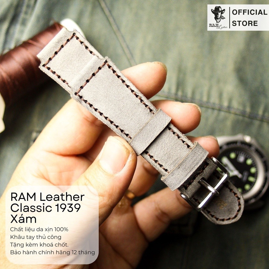 Dây Đồng Hồ Thủ Công RAM Leather 1939 Da Bò Màu Xám Quân Đội Đức Bền Đẹp 18mm, 20mm, 22mm, Casio 1200, AW iwatch