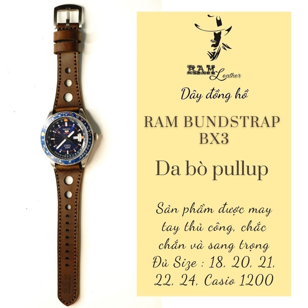 Dây Đồng Hồ Handmade RAM Leather Bundstrap Quân Đội Bx3 Da Bò Nâu Đỏ 18mm, 20mm, 22mm, Casio 1200, i