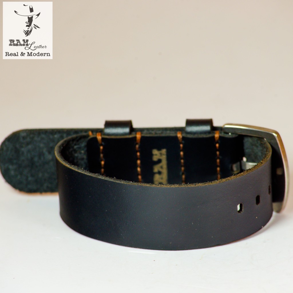 Dây Đồng Hồ Thủ Công RAM Leather Nato Quân Đội Đơn Đen Tuyền Da Bò Thanh Lịch 18mm, 20mm, 22mm, Casio 1200, iwatch AW