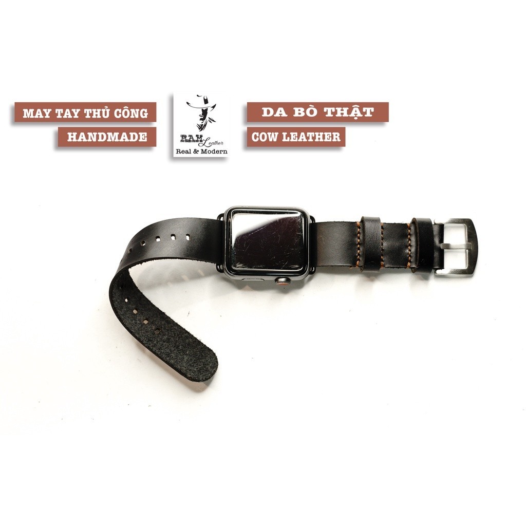Dây Đồng Hồ Thủ Công RAM Leather Nato Quân Đội Đơn Đen Tuyền Da Bò Thanh Lịch 18mm, 20mm, 22mm, Casio 1200, iwatch AW