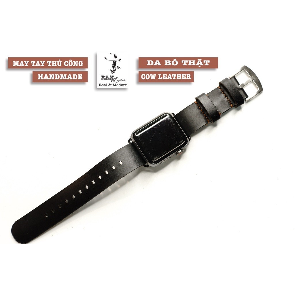 Dây Đồng Hồ Thủ Công RAM Leather Nato Quân Đội Đơn Đen Tuyền Da Bò Thanh Lịch 18mm, 20mm, 22mm, Casio 1200, iwatch AW
