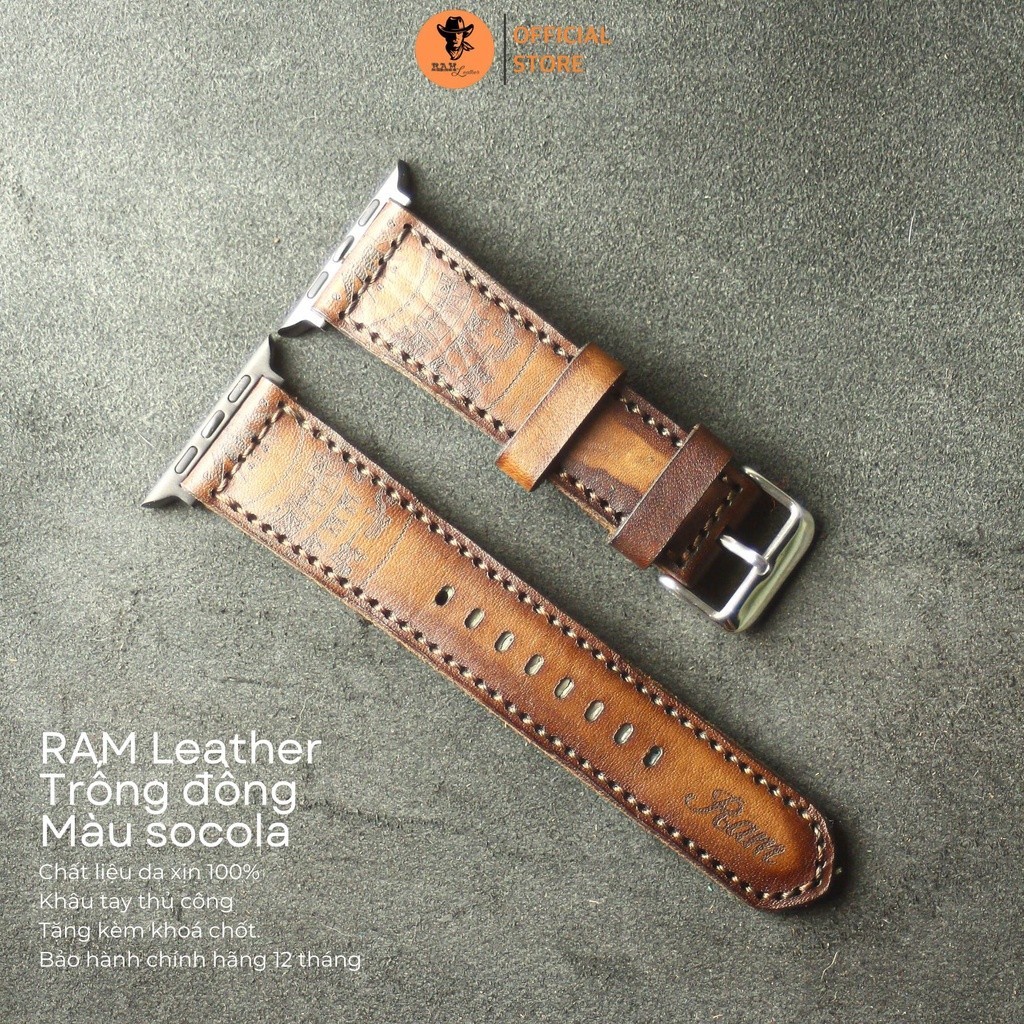 Dây Đồng Hồ Trống Đồng Da Bò Veg Màu Socola Nhuộm Nghệ Thuật RAM Leather 18mm, 20mm, 22mm, Casio