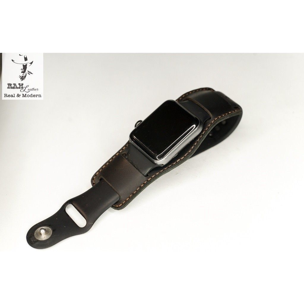 Tấm Đệm Dây Đồng Hồ Handmade Aple Watch AW, iWatch, iPhone Watch Da Bò Đen RAM Leather B2 Siêu bền