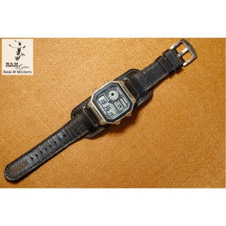 Tấm Đệm Dây Đồng Hồ Handmade Bundstrap Quân Đội Da Bò B1 Đen Tuyền RAM Leather Siêu bền