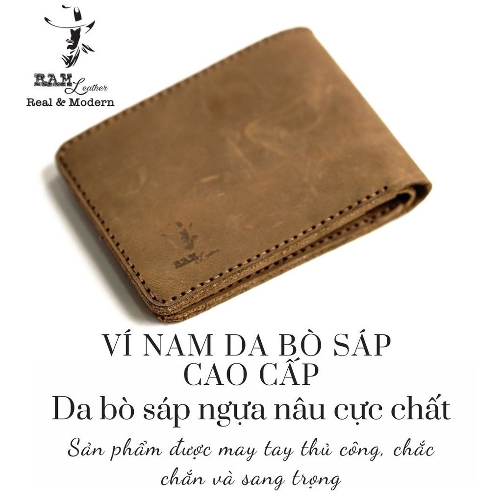 Ví da bò thủ công Nam da bò RAM Leather Simple Wallet Da Bò Màu Nâu Đất Dáng Ngang