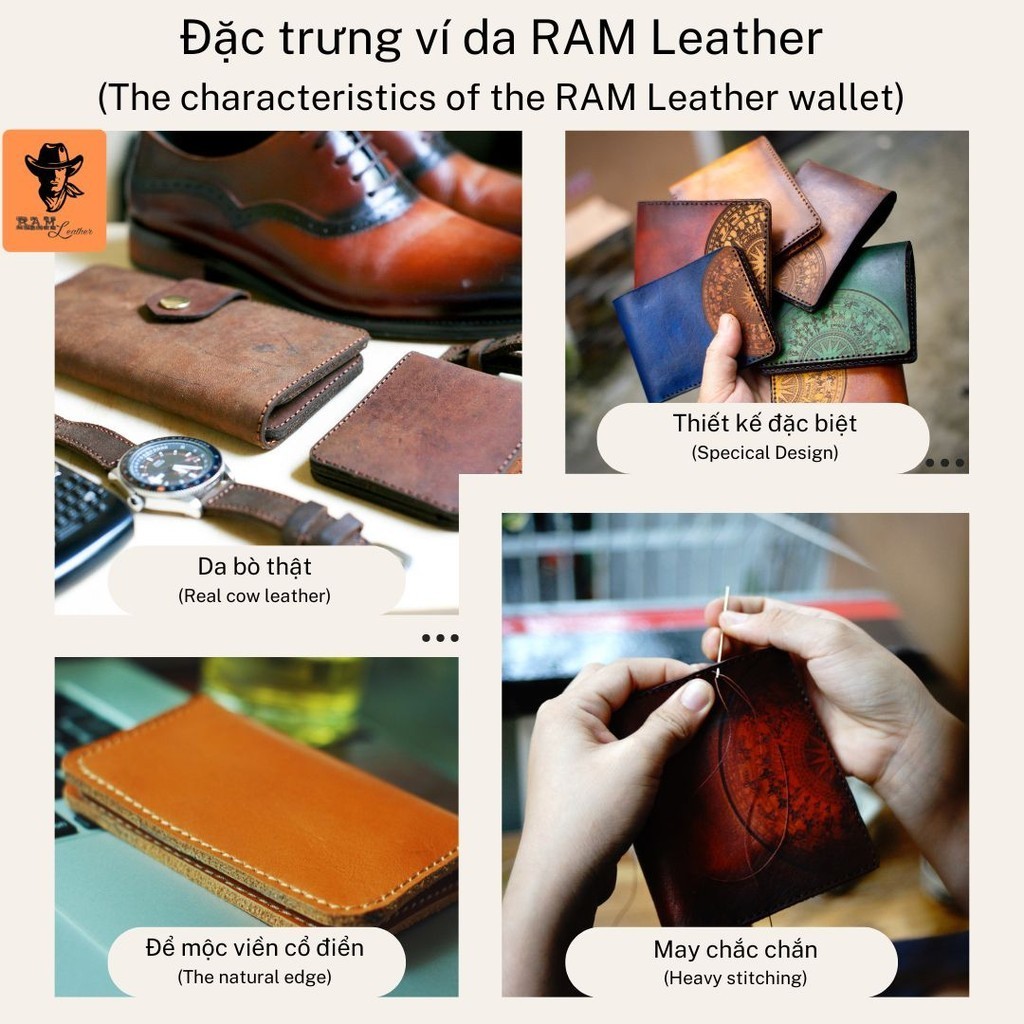 Ví da bò thủ công Nam Nữ Da Bò Italia Veg RAM Leather Dáng Đứng Khắc Trống Đồng Màu Xanh Lục