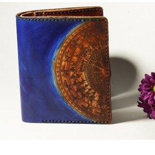 Ví Siêu bền da bò thật Handmade Nữ Da Bò Italia Veg RAM Leather Khắc Trống Đồng Việt Nam Màu Xanh Dương