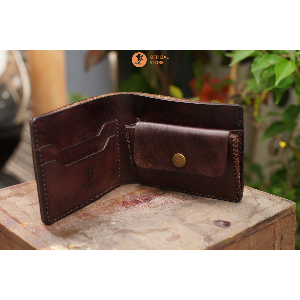 Ví trống đồng da bò vegtan nhuộm thủ công màu nâu đậm có ngăn đựng tiền xu - RAM Leather