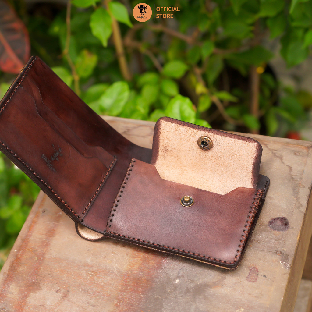 Ví trống đồng da bò vegtan nhuộm thủ công màu nâu đậm có ngăn đựng tiền xu - RAM Leather