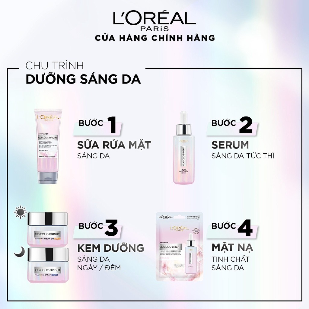 [Quà tặng không bán] Kem đêm dưỡng sáng mờ thâm nám L'Oreal Paris Glycolic (AHA) Bright 15ml code mới