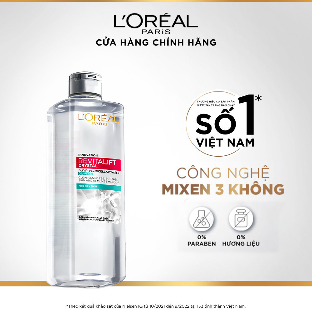 [Quà tặng không bán] Nước làm sạch và tẩy trang mềm mịn cho da dầu L'Oreal Paris Revitalift Crystal Micellar Water 95ml