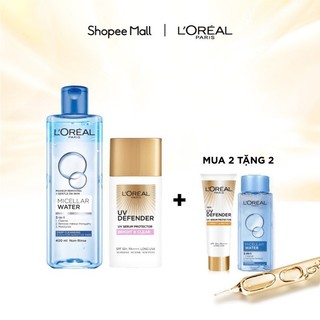 Bộ kem chống nắng 50ml Nâng tông Giảm thâm Bảo vệ da UV Defender SPF 50++ và Tẩy trang 400ml Micellar L'Oreal Paris