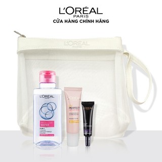 Bộ Travel Kit L'Oreal Paris gồm kem chống nắng nâng tông, tẩy trang và hoạt chất dưỡng da tươi trẻ