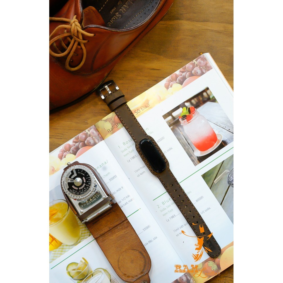 Dây da bò thật handmade Nâu Đất Cho Mi Band 6 / Mi Band 5 / Mi Band 4 / Mi Band 3 RAM Cực Chất