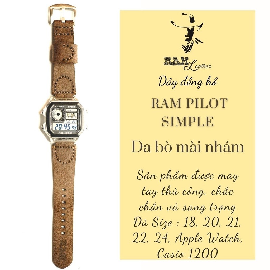 Dây Đồng Hồ Casio AE 1200 WHD, 1100, 1300, G-shock Simple Mài Nhám Da Bò Thật Bền Đẹp