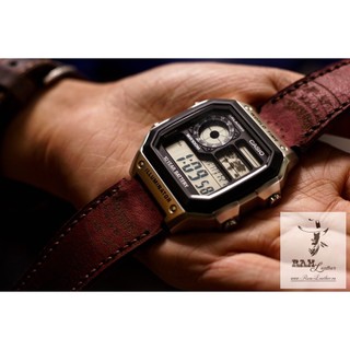 Dây đồng hồ siêu bền Casio AE 1200 WHD, 1100, 1300, Gshock Họa Tiết Trống Đông Burgundy Đỏ da bò thật handmade Bền Đẹp