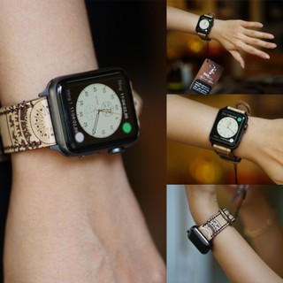 Dây đồng hồ siêu bền AW, iWatch Series 7 SE 6 5 4 3 2 1 size da bò thật handmade Họa Tiết Trống Đồng Cao Cấp