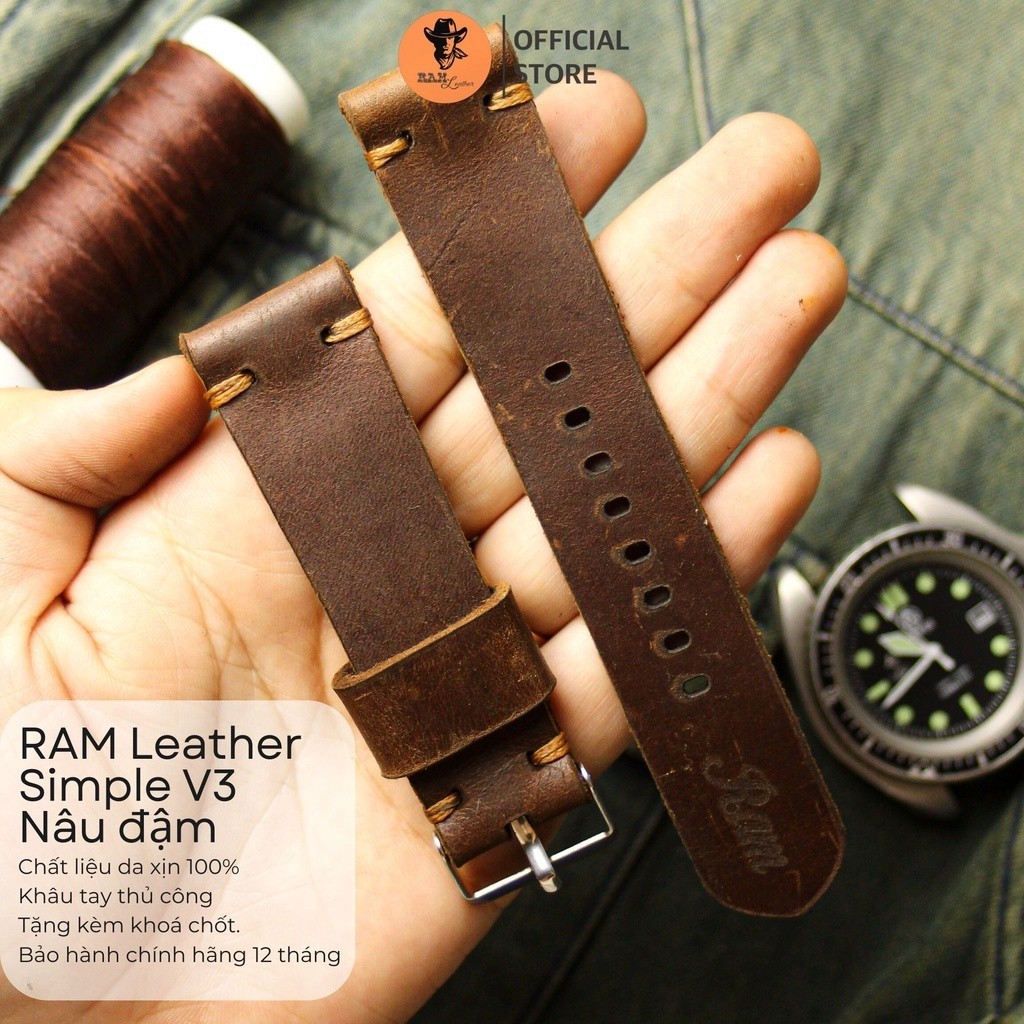 Dây đồng hồ siêu bền da bò handmade màu Nâu Đậm Ram Simple V3 size 22mm, 21mm, 20mm, 19mm, 18mm, AW, Casio 1200