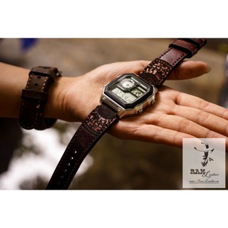Dây đồng hồ siêu bền da bò thật handmade Trống Đồng Màu Chocola Cho Casio AE 1200 WHD / 1300 / 1000 / Seiko / Orient