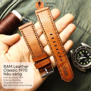 Dây đồng hồ siêu bền da bò thật handmade Ram 1970 Nâu Đỏ Mới size 22mm, 21mm, 20mm, 19mm, 18mm, AW, Casio 1200