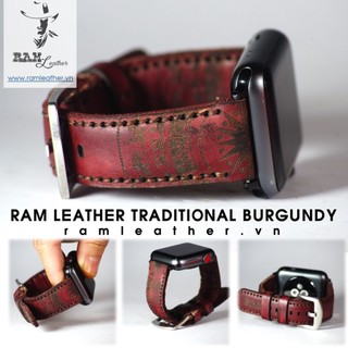 Dây đồng hồ siêu bền da bò thật handmade Trống Đồng Vegtan Burgundy size 22mm, 21mm, 20mm, 19mm, 18mm, AW, Casio 1200