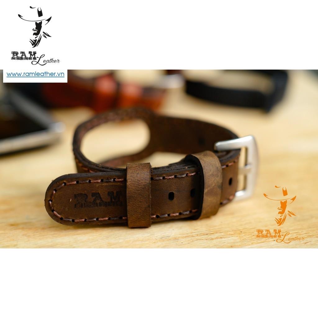 Dây đồng hồ siêu bền Mi Band 6 / Mi Band 5 / Mi Band 4 / Mi Band 3 da bò thật handmade Nâu Đất Ram