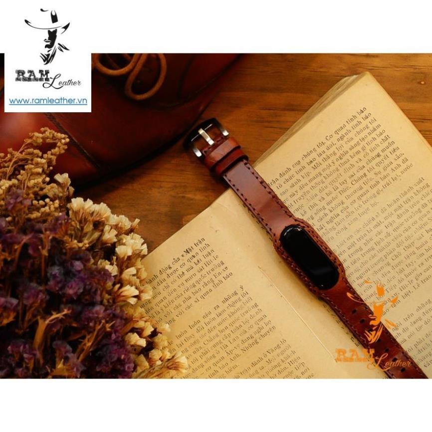 Dây đồng hồ siêu bền Mi Band 6 / Mi Band 5 / Mi Band 4 / Mi Band 3 da bò thật handmade Nâu Đỏ RAM