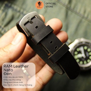 Dây đồng hồ siêu bền Nato Đơn Đen Tuyền da bò thật handmade Thanh Lịch size 22mm, 21mm, 20mm, 19mm, 18mm, AW, Casio 1200