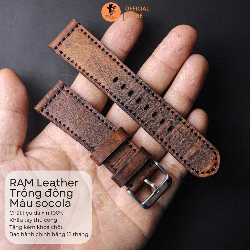 Dây đồng hồ siêu bền Trống Đồng da bò vegtan handmade Màu Nâu Socola RAM 22mm, 21mm, 20mm, 19mm, 18m
