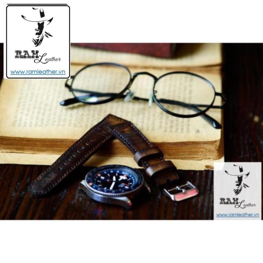 Dây đồng hồ siêu bền Trống Đông Socola da bò vegtan handmade size 22mm, 21mm, 20mm, 19mm, 18mm, AW, 