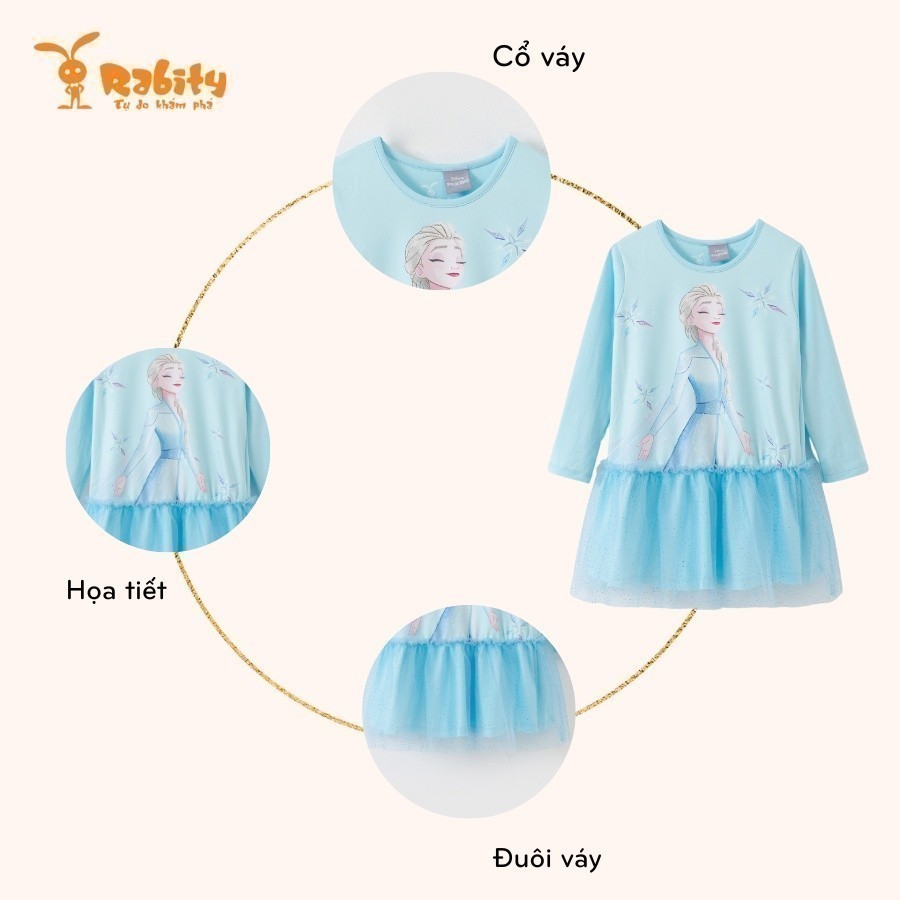 Đầm váy thun dài tay phối lưới cho bé gái họa tiết Elsa dễ thương Rabity 5642