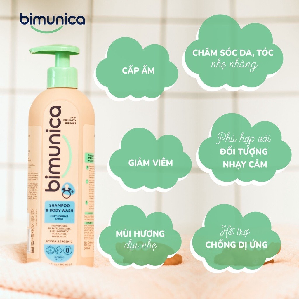 Combo Tắm Gội 2in1 Cho Bé Sơ Sinh Và Gia Đình Cao Cấp Bimunica 500ml + 500ml