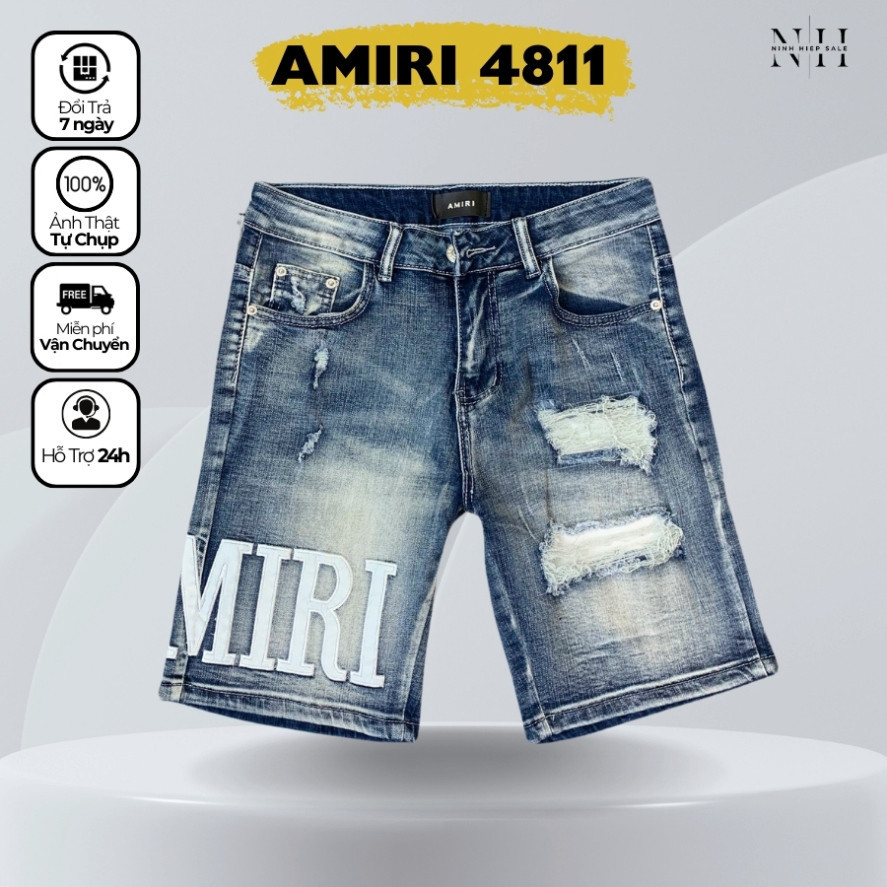 Quần short jeans nam Amiri xanh mài đùi hàng Quảng Châu, Quần sooc bò Amiri xanh cháy phố chất vải co dãn dày dặn 4811 -