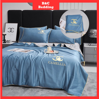Bộ chăn ga gối phi lụa CAMELLIA BC Bedding set 4 món chăn hè mỏng sang trọng, Bộ ga giường cao cấp, Drap giường đủ size