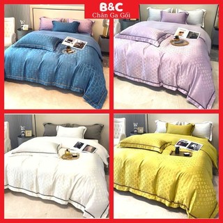 Bộ chăn ga gối lụa thương hiệu B&C chăn ga gối , ga giường vỏ gối lụa thương hiệu vân chìm chất liệu mềm mát không nhăn