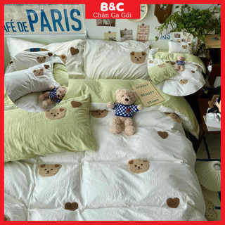 Bộ chăn ga gối Cotton đũi thêu gấu, bộ ga giường gấu bánh bèo siêu xinh xỉu set 4 món vỏ chăn