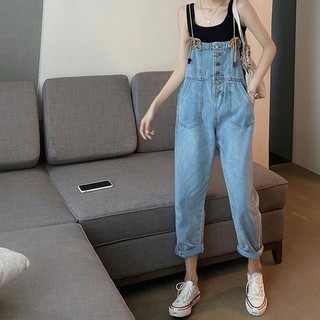 (Order) Quần yếm baggy xanh nhạt cúc giữa dây vải nâu phong cách trẻ trung năng động