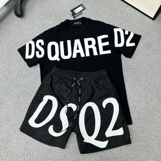 Bộ đồ nam cộc tay mặc hè DSQ2 in hoạ tiết chữ Dsquared2 ngang thân quần gió dây rút cao cấp