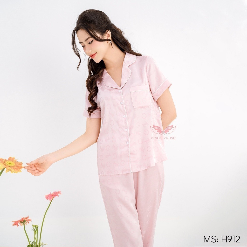 Đồ bộ mặc nhà Pijama lụa mặc nhà cao cấp mùa Thu Đông VINGO tay ngắn quần dài mặc Tết thanh lịch H912 VNGO