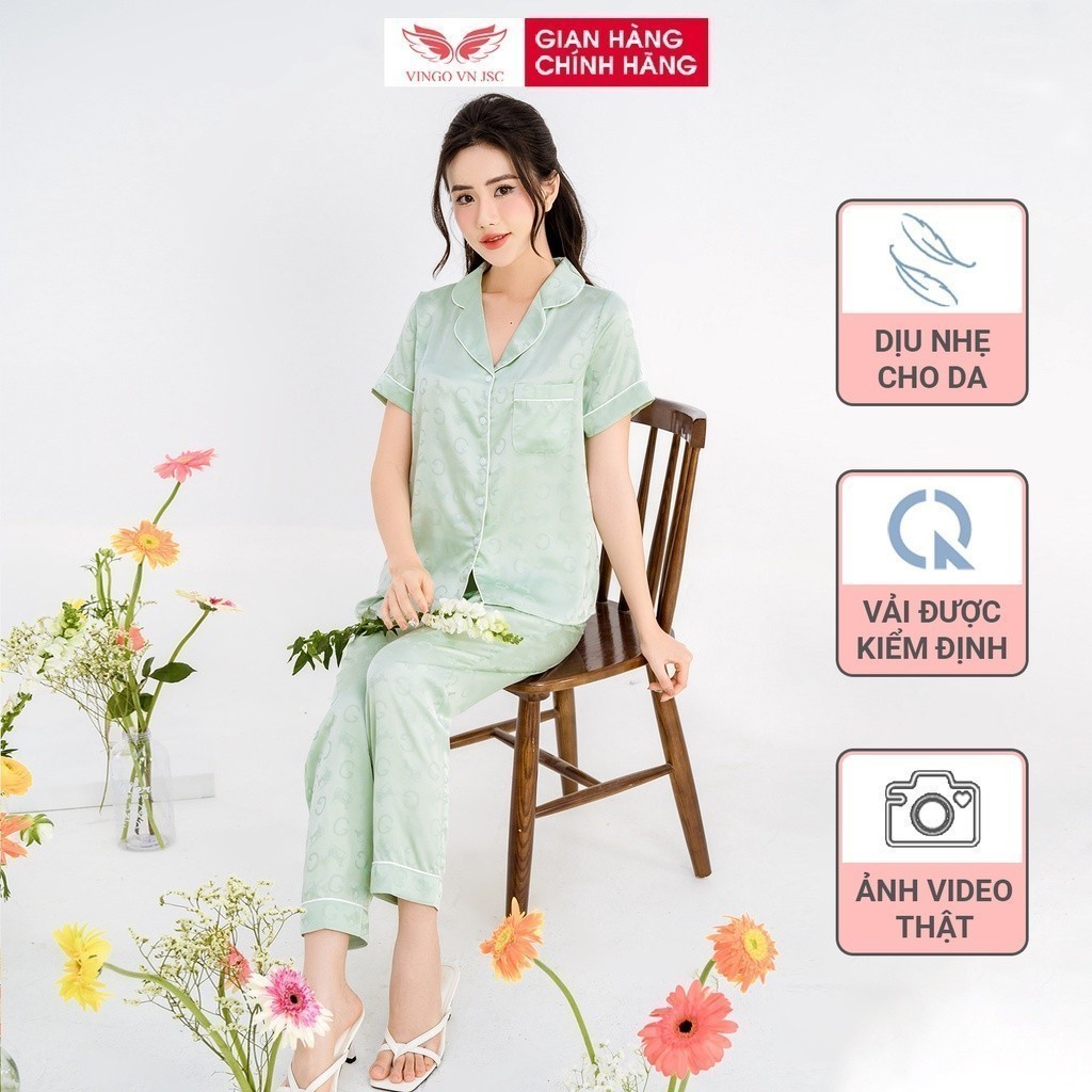 Đồ bộ mặc nhà Pijama lụa mặc nhà cao cấp mùa Thu Đông VINGO tay ngắn quần dài mặc Tết thanh lịch H912 VNGO