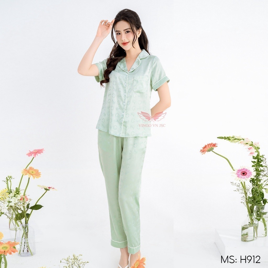 Đồ bộ mặc nhà Pijama lụa mặc nhà cao cấp mùa Thu Đông VINGO tay ngắn quần dài mặc Tết thanh lịch H912 VNGO