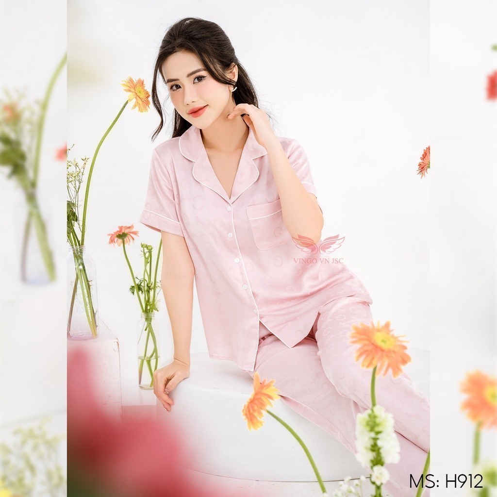 Đồ bộ mặc nhà Pijama lụa mặc nhà cao cấp mùa Thu Đông VINGO tay ngắn quần dài mặc Tết thanh lịch H912 VNGO