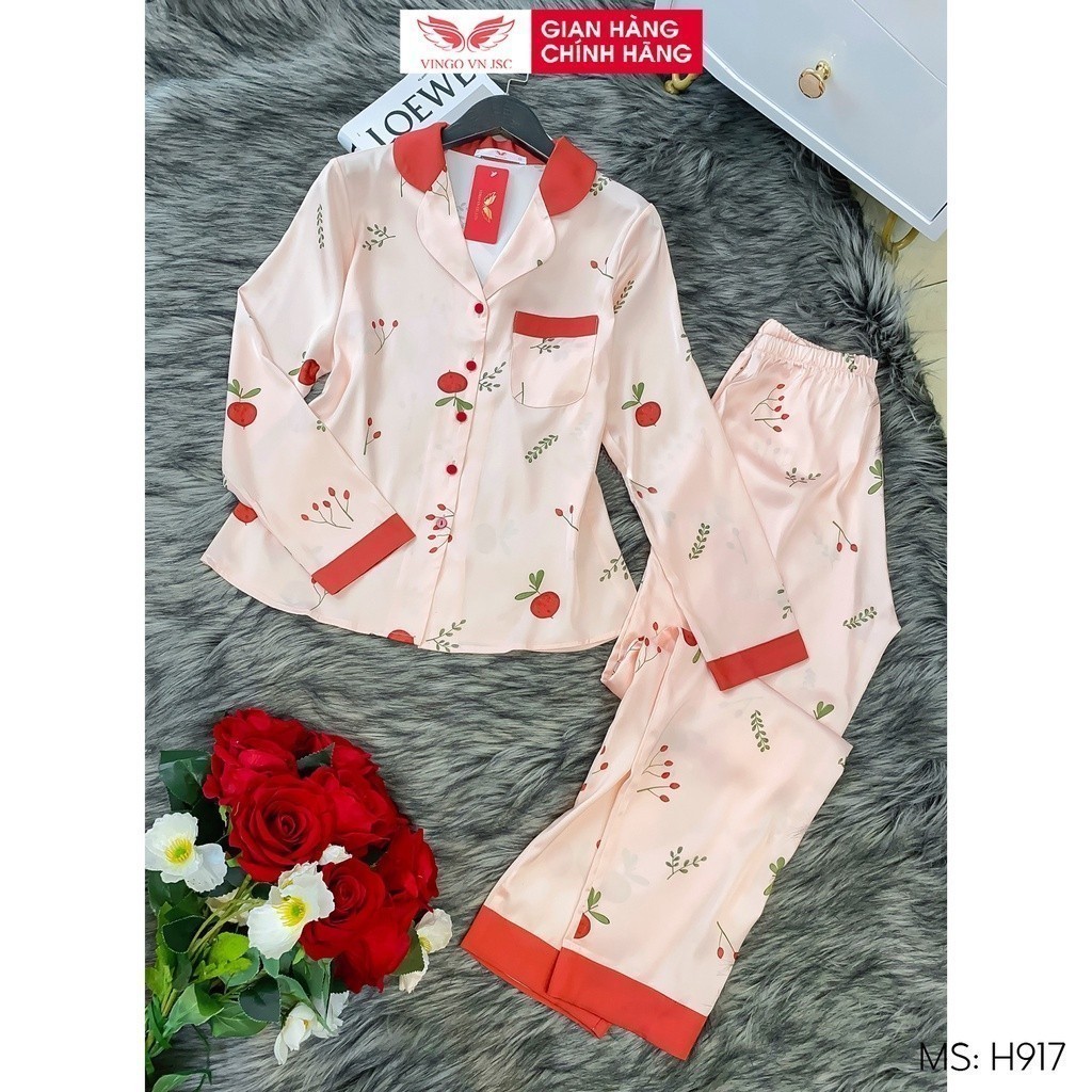 Đồ bộ mặc nhà Pijama lụa cao cấp mùa Hè VINGO tay dài quần dài hoạ tiết thanh lịch H917 VNGO