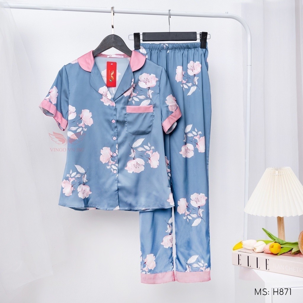 Đồ bộ nữ Pijama mặc nhà Lụa cao cấp mùa Thu Đông VINGO tay ngắn quần dài hoa hồng nền xanh thanh lịch H871 VNGO