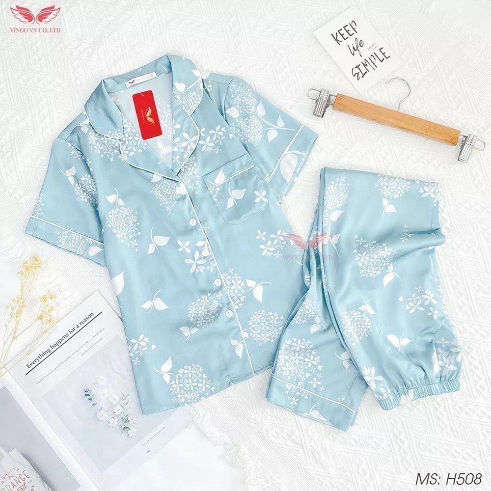Đồ bộ nữ Pijama mặc nhà Lụa cao cấp mùa hè VINGO tay ngắn quần dài xanh nhạt dễ thương trung niên H508 VNGO