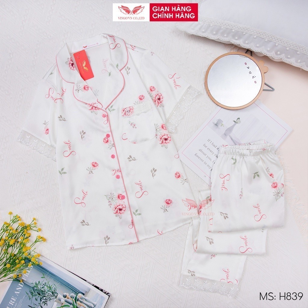 Đồ bộ nữ pijama mặc nhà lụa cao cấp Thu Đông VINGO tay ngắn quần dài phối ren màu trắng họa tiết thanh lịch H839 VNGO